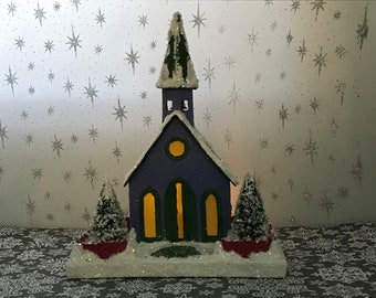 ORIGINAL Dark Periwinkle and Green Putz Church - Glitter House - Christmas Village - Putz House - Handmade Putz - Handcrafted