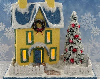 ORIGINAL size Yellow and Blue Winter Putz House - Christmas Village - Handcrafted Glitter House