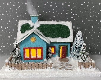 ORIGINAL size Teal and Green Putz House - Christmas Village - Handmade Putz - Handcrafted Glitter House