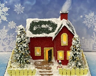 ORIGINAL size Red and Black-Green Winter Putz House - Glitter House - Christmas Village -  Putz Glitter House - Handmade Putz - Santa
