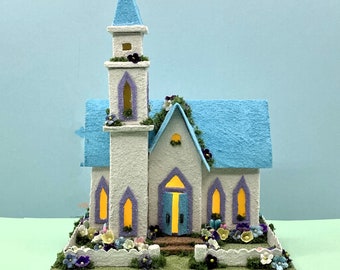 ORIGINAL White and Blue Spring/Easter Church - Spring Putz - Putz Glitter Church - Handmade Putz - Handcrafted