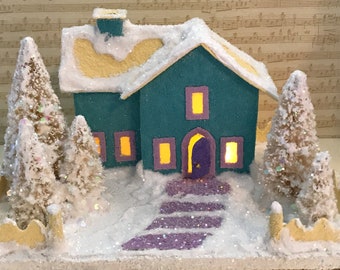 ORIGINAL size Teal and Yellow Putz House - Glitter House - Christmas Village - Putz House - Handmade Putz - Handcrafted Putz