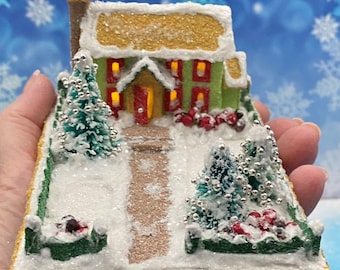 TINY MINI size Green and Light Brown Putz House - Glitter House - Christmas Village - Putz Glitter House - Handmade Putz - Handcrafted