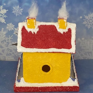 ORIGINAL size Yellow and Red Winter Putz House Glitter House Christmas Village Putz Glitter House Handmade Putz image 3