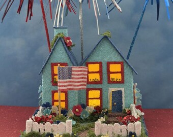 ORIGINAL size Summer Fourth of July Putz House - Handmade Putz - Independence Day Glitter House