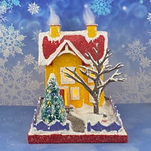 ORIGINAL size Yellow and Red Winter Putz House Glitter House Christmas Village Putz Glitter House Handmade Putz image 9