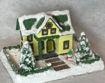 MINI Yellow and Green Putz House - Glitter House - Christmas Village - Putz House - Handmade Putz - Handcrafted Putz - Gift