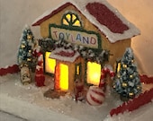 MINI Yellow and Red Putz Toy Store Glitter House Christmas Village Putz House Handmade Putz Vintage Style Handcrafted Putz Gift