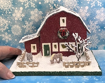 ORIGINAL Red and Silver Christmas Barn - Glitter House - Christmas Village - Putz House - Handmade Putz - Handcrafted Putz