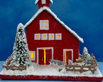 ORIGINAL Red and Grey Christmas Barn - Glitter House - Christmas Village - Handmade Putz - Handcrafted Putz