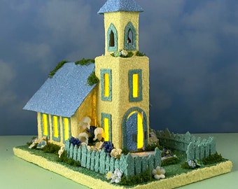 ORIGINAL size Yellow and Blue Spring Church - Spring Putz - Putz Glitter Church - Handmade Putz - Handcrafted