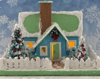 ORIGINAL size Blue and Green Winter Putz House - Handmade Putz - Handcrafted Glitter House
