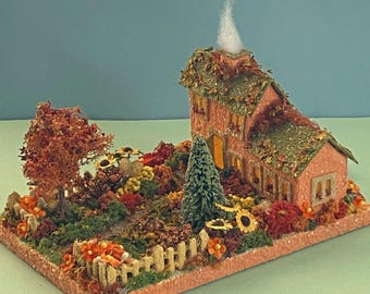 MINI size Orange and Green Autumn Thanksgiving Putz House - Glitter House - Putz House - Handcrafted Putz - Autumn - Thanksgiving