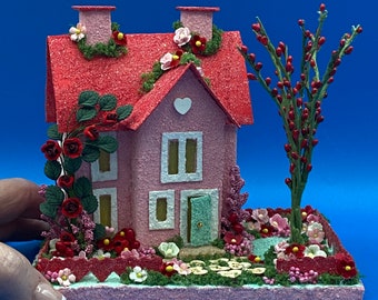 ORIGINAL size Pink and Red Valentine Putz - Glitter House - Glitter House Village - Putz House - Valentine