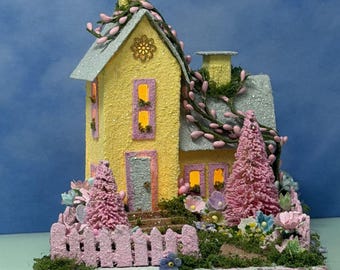 Handcrafted Spring Putz Glitter House – Garden Scene, Picket Fence, Floral Accents