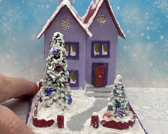 ORIGINAL size Light Periwinkle and Dark Red Winter Putz House - Winter Putz - Putz Glitter House - Handmade Putz - Handcrafted