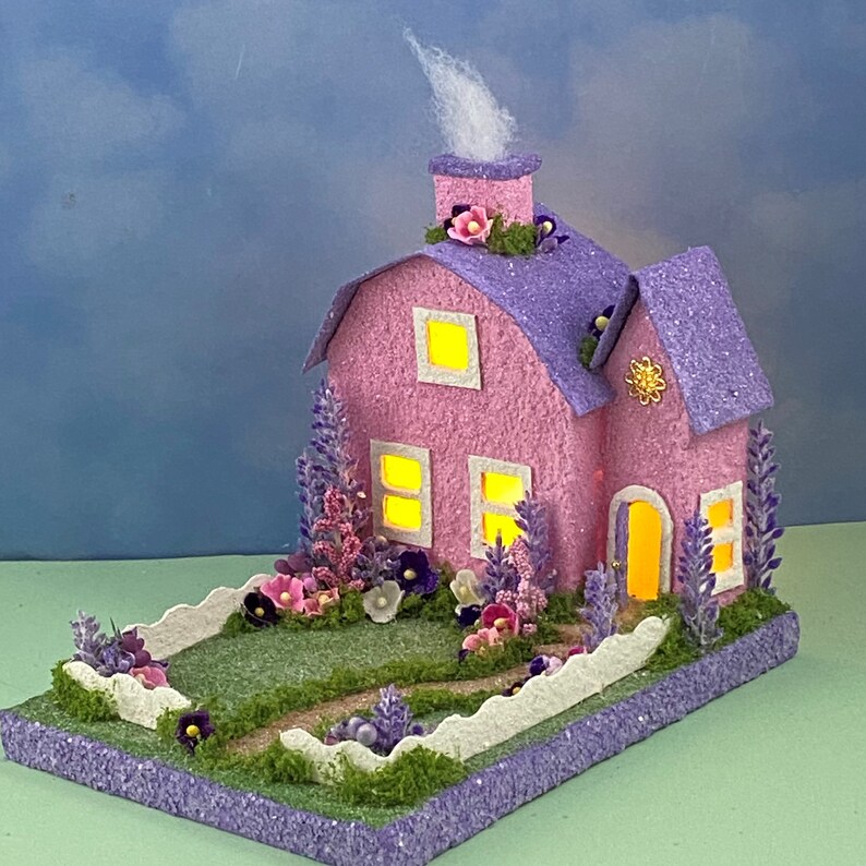 ORIGINAL Pink and Purple Easter Putz House Spring Putz Putz Glitter House Handmade Putz Handcrafted afbeelding 5