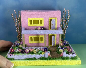 ORIGINAL Pink and Purple Easter Putz House - Spring Putz - Putz Glitter House - Handmade Putz - Handcrafted