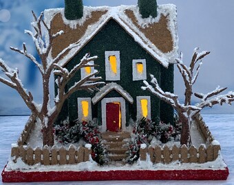 ORIGINAL size green and brown Putz House - Winter Putz - Handcrafted Putz - Winter Glitter House