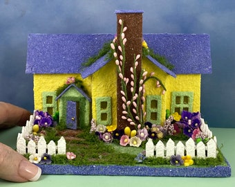 ORIGINAL Yellow and Periwinkle Spring Putz House - Spring Putz - Putz Glitter House - Handmade Putz - Handcrafted