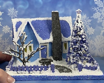 ORIGINAL size Blue and Periwinkle Winter Putz House - Winter Putz - Putz Glitter House - Handmade Putz - Handcrafted