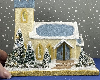 ORIGINAL size Yellow and BlueGray Putz Church - Glitter House - Christmas Village - Putz House - Handmade Putz - Handcrafted Putz