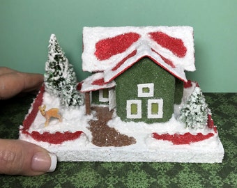 MINI size Green and Red Putz House / Glitter House / Christmas Village / Putz House / Handmade Putz / Handcrafted Putz / Gift