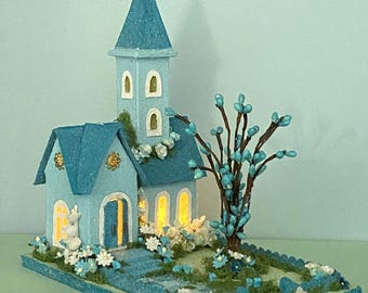 ORIGINAL size Turquoise Spring Church - Spring Putz - Putz Glitter Church - Handmade Putz - Handcrafted
