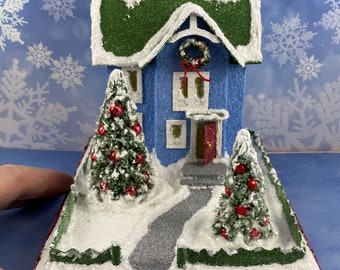 Tamaño ORIGINAL Azul y Verde Invierno Putz House - Glitter House - Christmas Village - Putz Glitter House - Putz hecho a mano