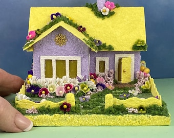 ORIGINAL Lavender and Yellow Summer Putz House - Summer Putz House - Handmade Putz - Handcrafted Putz - Summer Glitter House