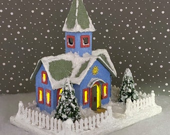 MINI size Blue and Green Putz Church/ Glitter House / Christmas Village / Putz House / Handmade Putz / Handcrafted Putz