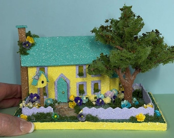ORIGINAL size Yellow and Teal Summer Putz House - Handmade Putz - Summer Village Display