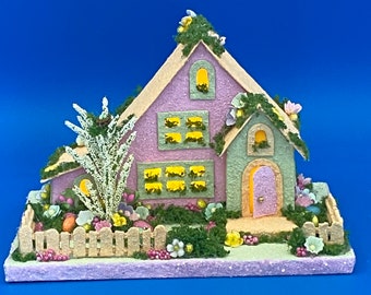 ORIGINAL Pink and Purple Easter Putz House - Spring Putz - Putz Glitter House - Handmade Putz - Handcrafted