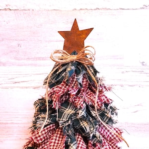 Primitive Homespun Green/Burgundy Red Rag Tree, Primitive Decor, Farmhouse Decor, Holiday Decor