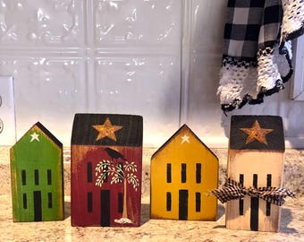 Primitive Saltbox House Set of 4: Chunky Wood Blocks, Rustic Home Decor