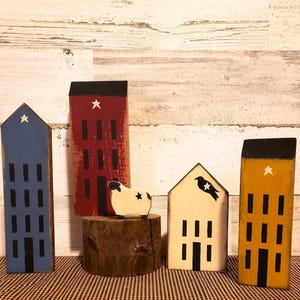 Primitive Saltbox Houses, Sheep, Set of 5, Primitive Saltbox House, Primitive Home Decor