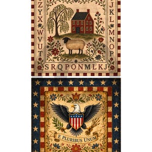 May include: Two square decorative panels. The top panel features a red house, a sheep, a willow tree, and the alphabet in a border. The bottom panel displays a bald eagle with a shield, arrows, olive branch, and the text E PLURIBUS UNUM.
