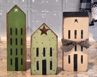 Primitive Saltbox House Set: Distressed Solid Wood Home Decor