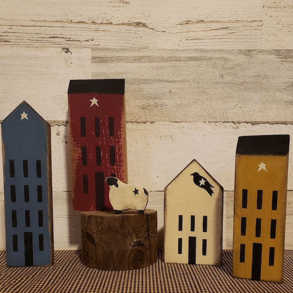 Primitive Saltbox Houses, Sheep, Set of 4, 5, 6 or 7, Primitive Saltbox House, Primitive Home Decor