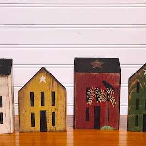 Primitive Saltbox Houses, Set of 4, Chunky Blocks, Primitive Saltbox House, Primitive Home Decor