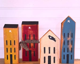 Primitive Saltbox House Set: Distressed Solid Wood Home Decor