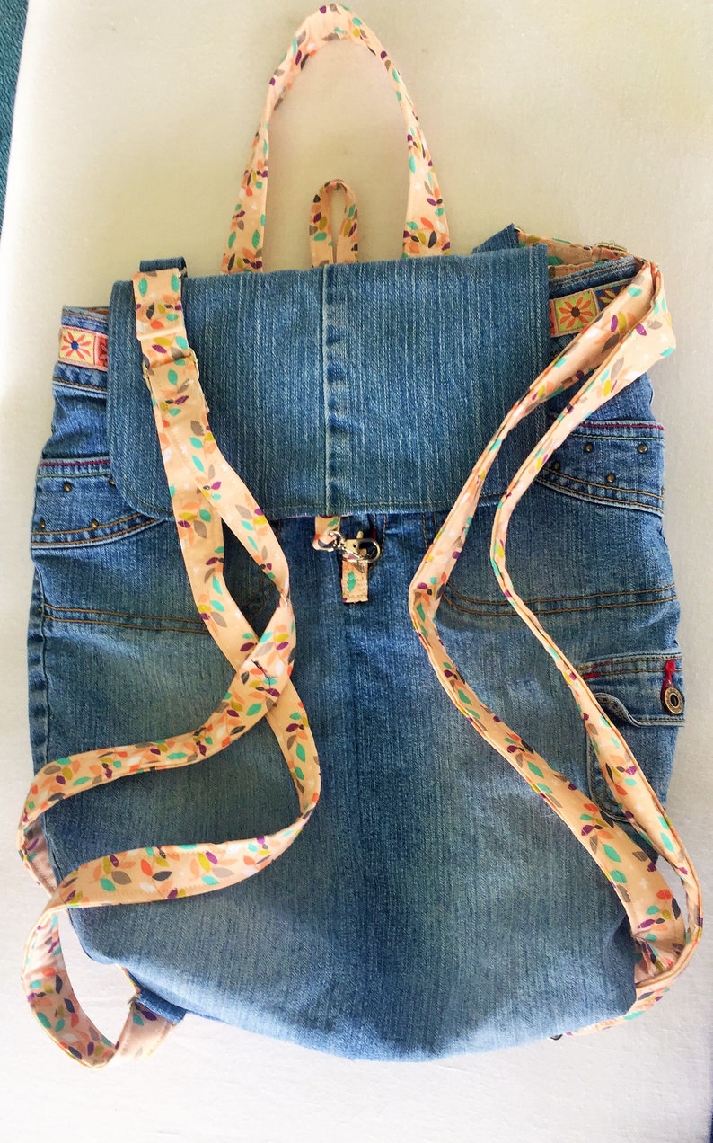 Upcycled Unfabulous Jeans Backpack Eco Friendly Denim Book Bag Floral Fabric Embroidered Studded