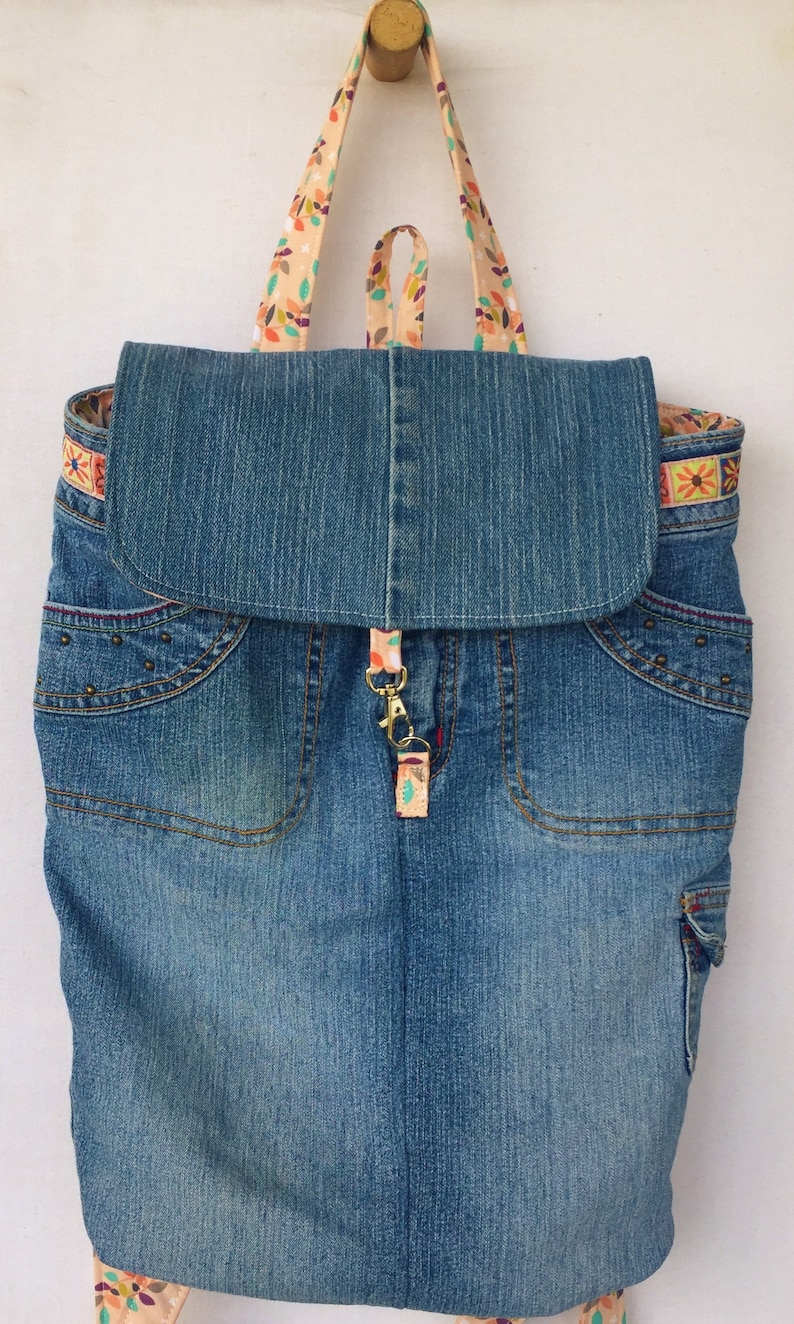 Upcycled Unfabulous Jeans Backpack Eco Friendly Denim Book Bag Floral Fabric Embroidered Studded