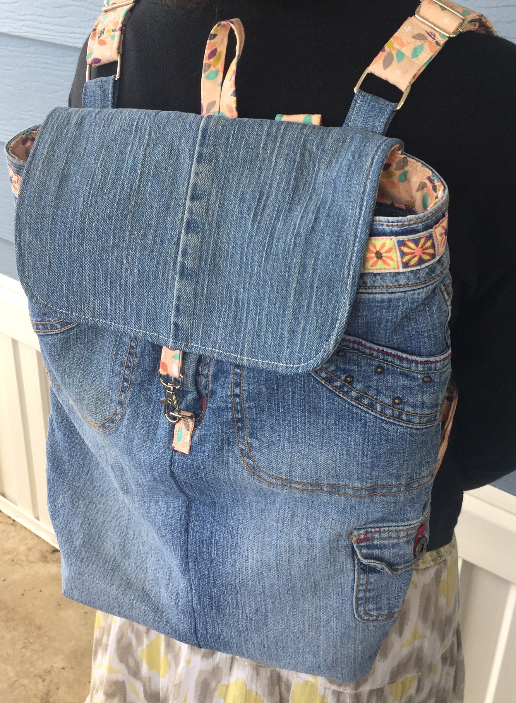 Upcycled Unfabulous Jeans Backpack Denim Book Bag Floral | Etsy