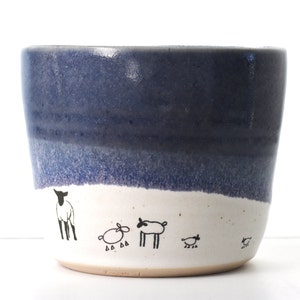 Ceramic planter with sheep in blue and white for houseplants, succulents and herbs - 9.5cm tall x 11cm wide