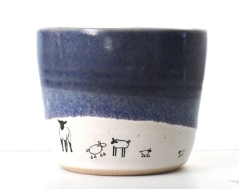 Ceramic planter with sheep in blue and white for houseplants, succulents and herbs - 9.5cm tall x 11cm wide