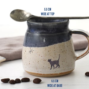 Dinky ceramic espresso cup with original cat illustration glazed in midnight blue and creamy white handmade pottery image 7