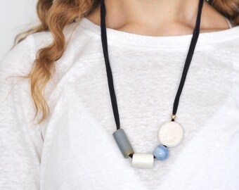 Blue ceramic Bead Necklace - hand-formed clay beads on a silk ribbon - finished with round sterling silver beads