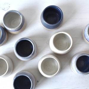 Artisan-crafted Espresso Cup Glazed in White and Midnight Blue: Petite Ceramic Delight in Handmade Stoneware image 4