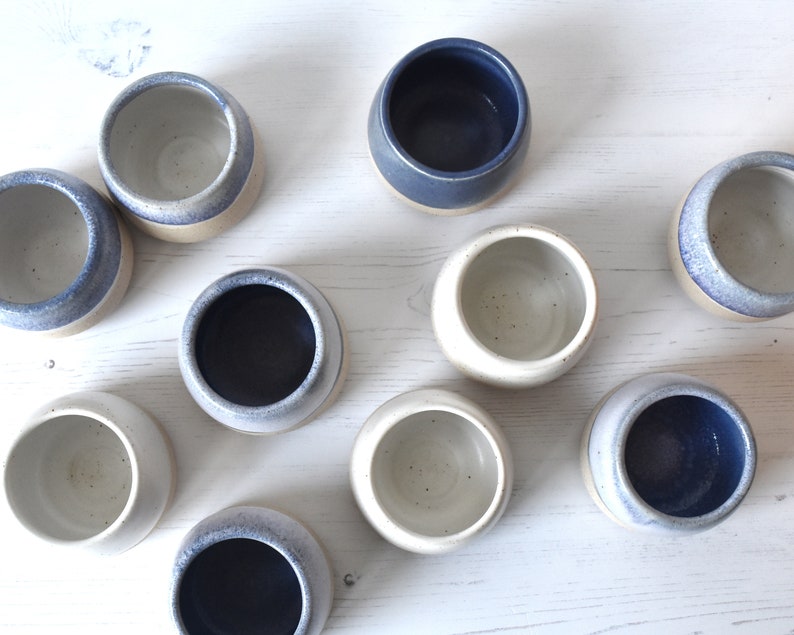Artisan-crafted Espresso Cup Glazed in White and Midnight Blue: Petite Ceramic Delight in Handmade Stoneware image 4